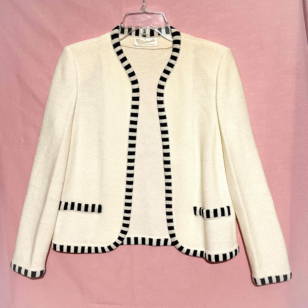 Vintage 60s Beetlejuice White Knit Cardigan Sweater Open Front Striped Trim